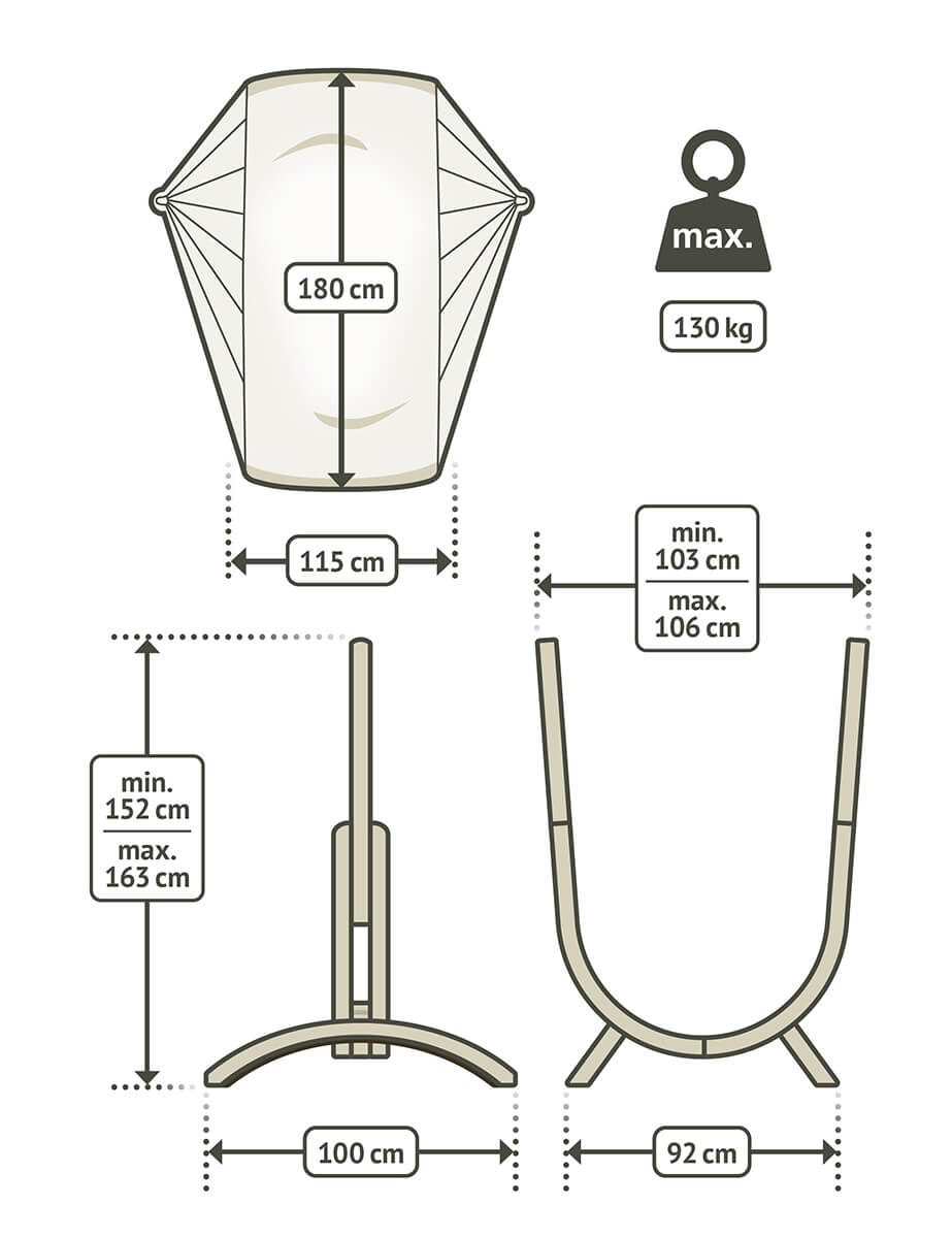 Fotel hamakowy ze stojakiem UDINE ORGANIC Zebra - La Siesta - rycina z wymiarami