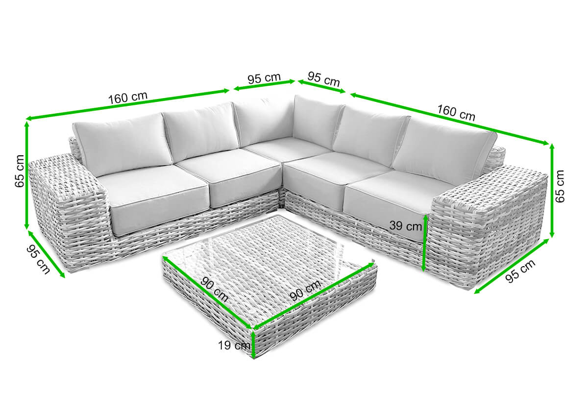 Narożnik technorattanowy VEGA CAFFE Light Grey - FOCUS GARDEN - rycina z wymiarami