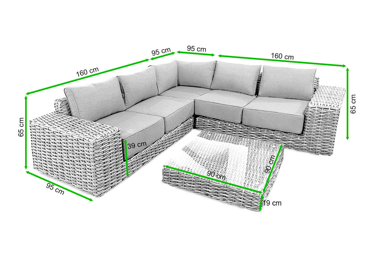 Narożnik technorattanowy VEGA CAFFE Dark Grey - FOCUS GARDEN - rycina z wymiarami