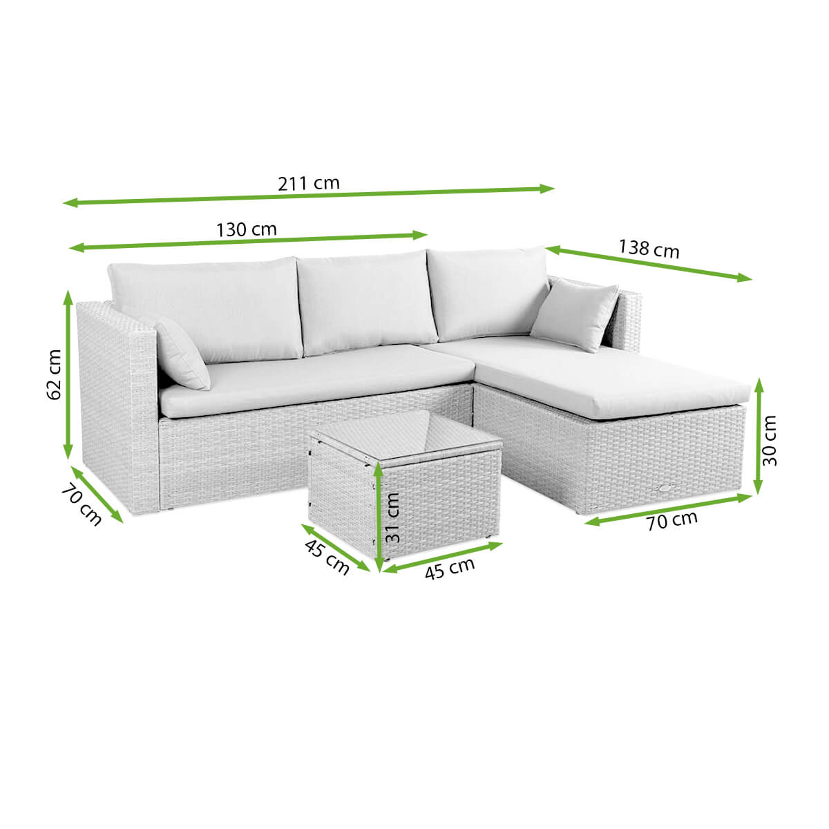 Narożnik technorattanowy LIZBONA Beige - Focus Garden - rycina z wymiarami