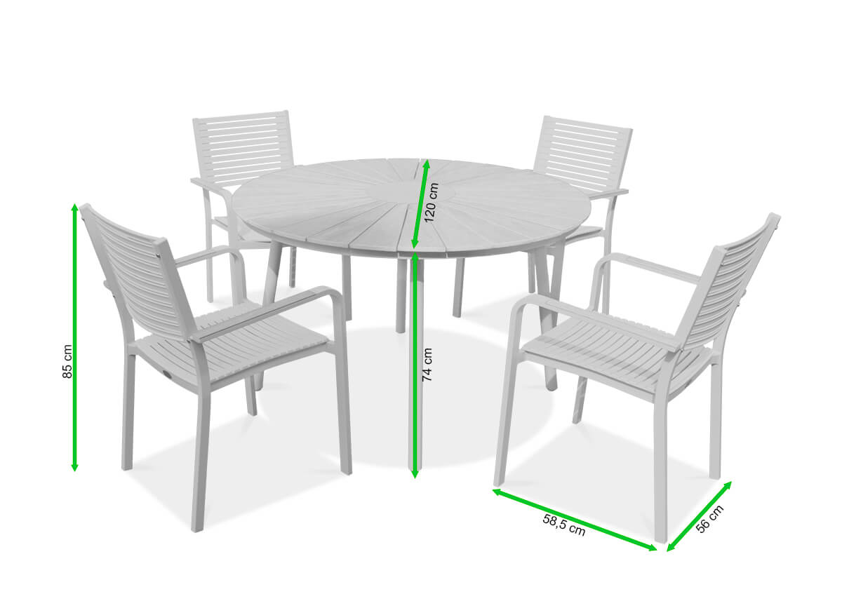 Dārza ēdamistabas komplekts TACOMA Fi120/4+1 White - Focus Garden - gravējums ar izmēriem