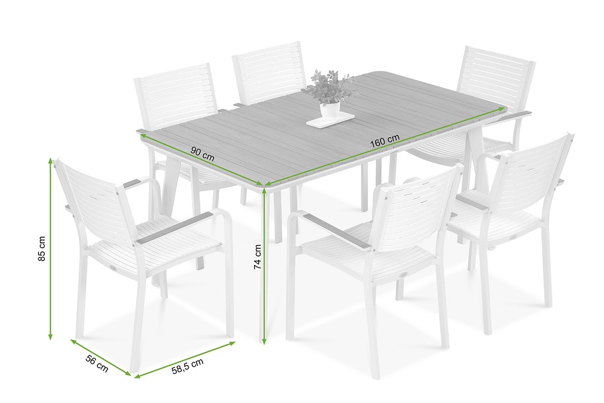 Zestaw jadalniany TACOMA 160/6 White - Focus Garden - rycina z wymiarami