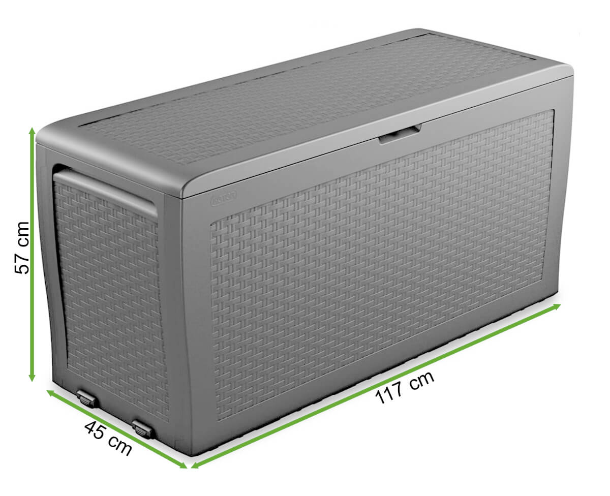  Wymiary Skrzyni balkonowej Keter SAMOA RATTAN BOX 270L Cappuccino