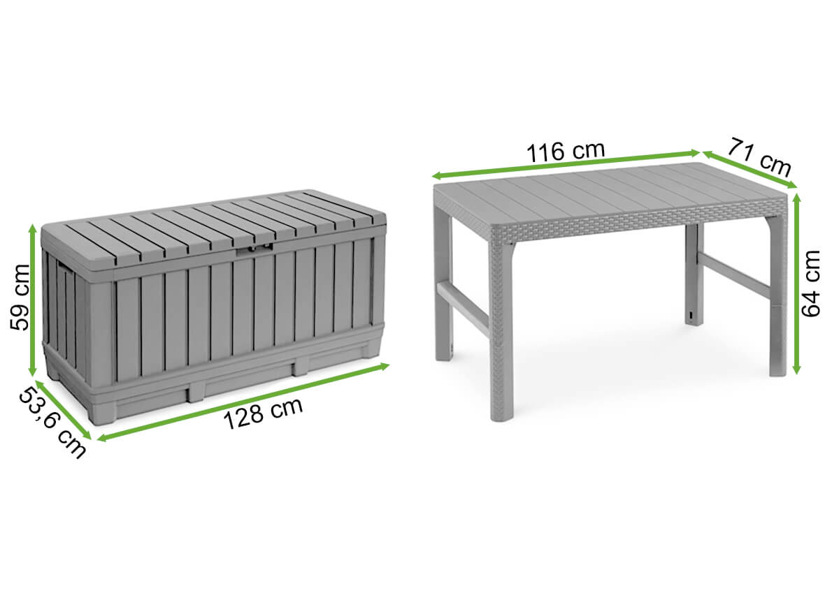 Wymiary Zestawu balkonowego skrzyni KENTWOOD 350 L /stołu LYON Graphite