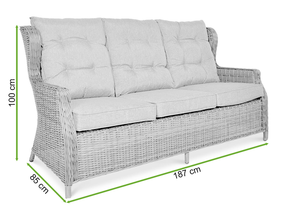  Wymiary Sofy technorattanowej TRIVENTO 3 White Grey